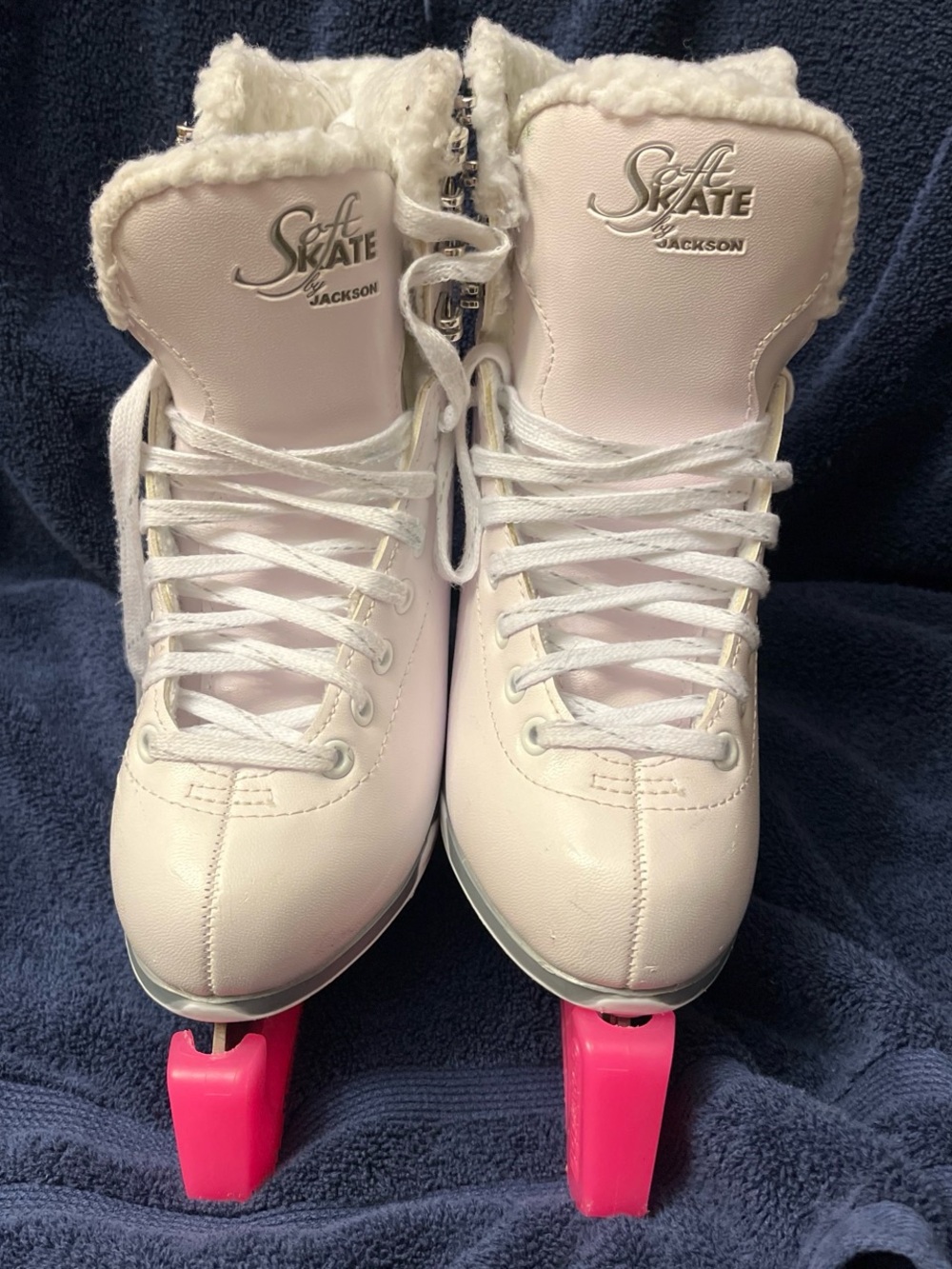 Jackson SoftSkate Kids White Faux-Fur Ice 🧊 Skates with a pink blade cover